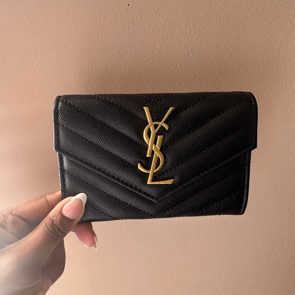 Yves Saint Laurent Black Chevron Wallet with Gold Logo - Picture 1 of 6